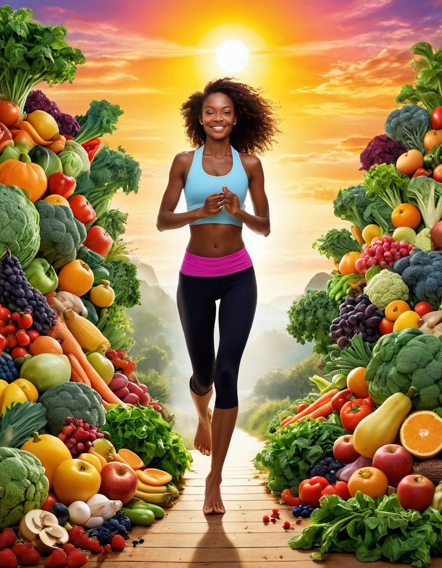 A vibrant, energetic scene depicting a person joyfully engaging in various activities such as running, cooking healthy meals, and practicing yoga, surrounded by fresh fruits and vegetables symbolizing a thriving metabolism. Illustrate a glowing, winding path leading to a bright sunrise, signifying transformation and growth. super-realistic. vibrant colors. uplifting atmosphere.