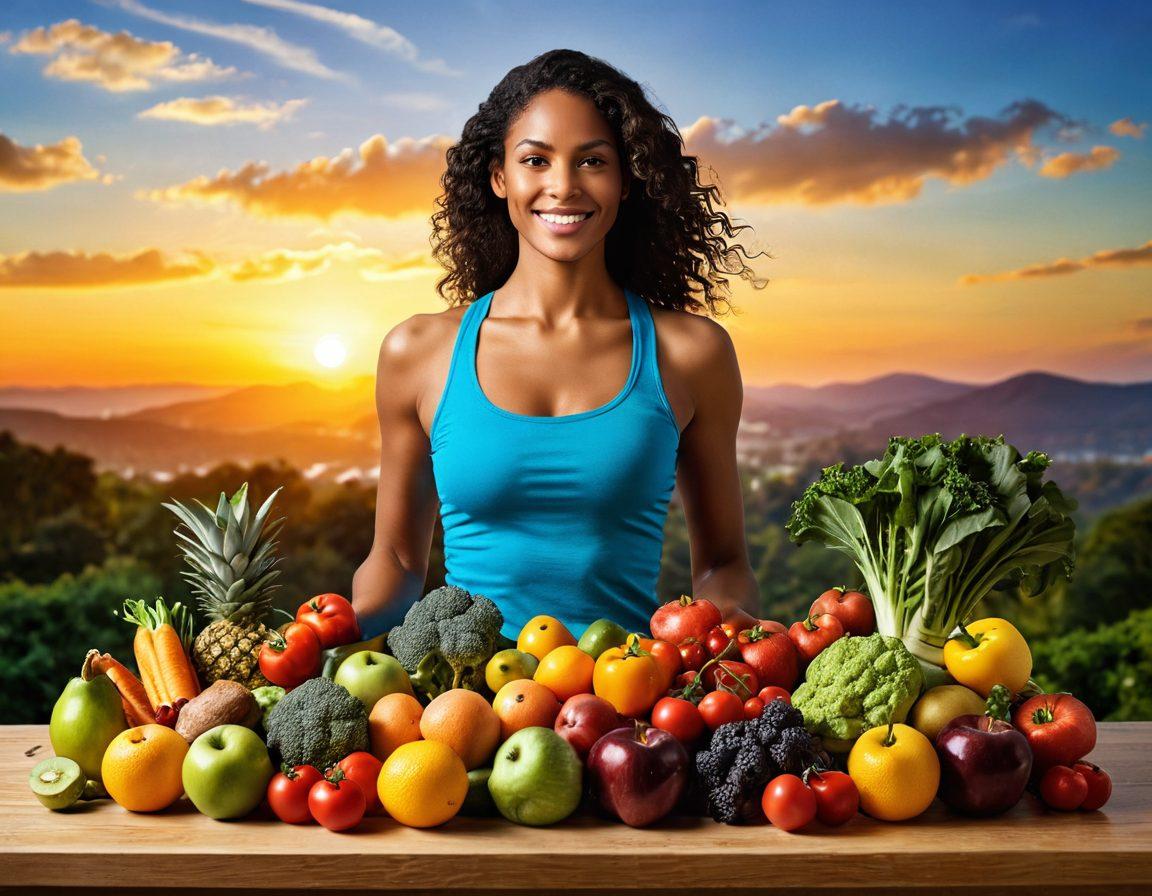 A transformative journey featuring a vibrant scale with balanced fruits and vegetables on one side and weights on the other, symbolizing nutritional balance for weight management. Include an inspiring sunrise in the background, representing new beginnings and embracing change. The scene should convey a sense of harmony and motivation, with people joyfully engaging in healthy activities like cooking, exercising, and enjoying meals together. super-realistic. vibrant colors. warm tones.
