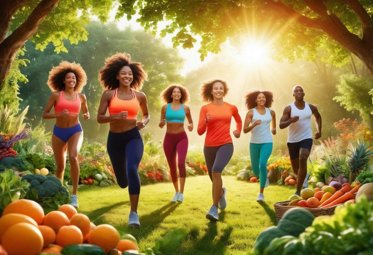 A vibrant, energetic scene showcasing a diverse group of people exercising outdoors, surrounded by natural elements like fresh fruits, vegetables, and herbs symbolizing natural boosters. Include a glowing sun in the background and dynamic movement in their poses to embody fitness and vitality. Illustrate the importance of a healthy lifestyle with a blend of colors that evoke energy and positivity. super-realistic. vibrant colors. outdoor setting.